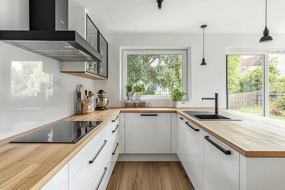 Bright and Stylish Modern Kitchen Designs With Marble Countertops, Wooden Cabinets and Large Windows